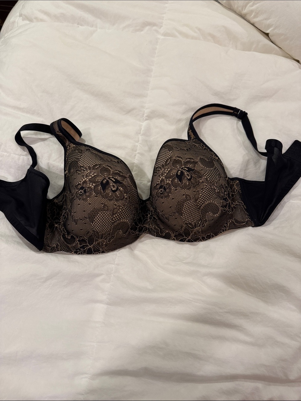 Cacique Women’s Lace Overlay T-Shirt Bra in Black and Beige